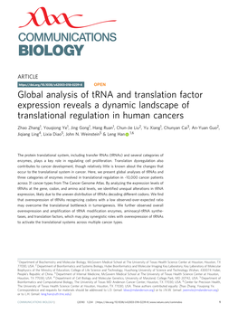 Global Analysis of Trna and Translation Factor Expression Reveals a Dynamic Landscape of Translational Regulation in Human Cancers