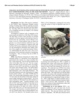 RAY LITHOCHEMISTRY (PIXL) in the MARS 2020 MISSION. Yang Liu1,*, Abigail Allwood1, Joel A