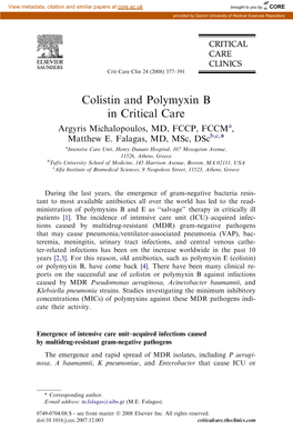 Colistin and Polymyxin B in Critical Care Argyris Michalopoulos, MD, FCCP, Fccma, Matthew E