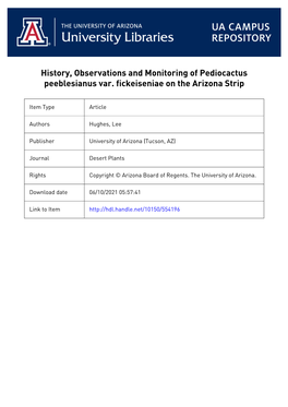 History, Observations and Monitoring of Pediocactus Peeblesianus Var