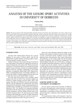 Analysis of the Leisure Sport Activities in University of Debrecen Christa Pfau