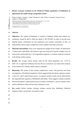 Dietary Seasonal Variations in the Medieval Nubian Population of Kulubnarti As 2 Indicated by the Stable Isotope Composition of Hair