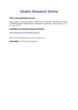 Spirituality in the Work of Theodore Roszak: Implications for Contemporary Ecopsychology, Ecopsychology, Vol