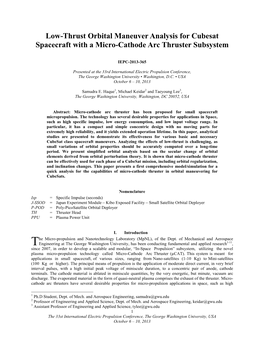 Low-Thrust Orbital Maneuver Analysis for Cubesat Spacecraft with a Micro-Cathode Arc Thruster Subsystem