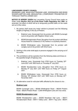 Brabiner Lane, B5269 Whittingham Lane, Goosnargh and B5269 Woodplumpton Lane, Broughton ) (Temporary Prohibition of Through Traffic) Order 2021