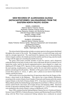 New Records of Aldrovandia Oleosa (Notacanthiformes: Halosauridae) from the Eastern North Pacific Ocean