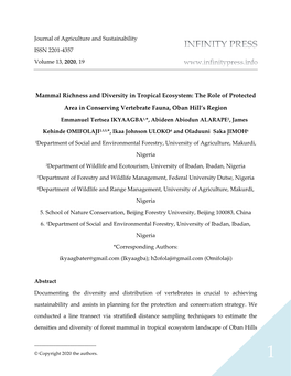 Mammal Richness and Diversity in Tropical Ecosystem: the Role of Protected