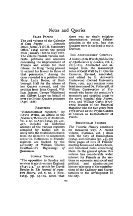 Notes and Queries STATE PAPERS There Was No Single Religious the 2Nd Volume of the Calendar Denomination Behind Sabbat­ of State Papers