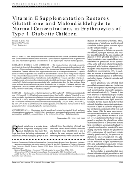 Vitamin E Supplementation Restores Glutathione and Malondialdehyde to Normal Concentrations in Erythrocytes of Type 1 Diabetic Children