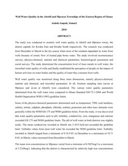 Well Water Quality in the Abetifi and Mpraeso Townships of the Eastern Region of Ghana