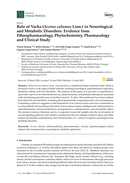 Acorus Calamus Linn.) in Neurological and Metabolic Disorders: Evidence from Ethnopharmacology, Phytochemistry, Pharmacology and Clinical Study