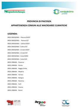 Provincia Di Piacenza Appartenenza Comuni Alle Macroaree Climatiche