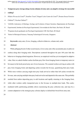 Temporary Prey Storage Along Swarm Columns of Army Ants: an Adaptive Strategy for Successful