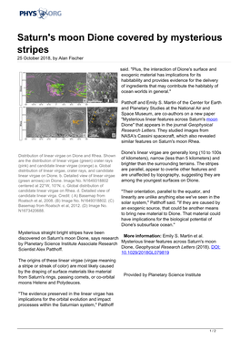 Saturn's Moon Dione Covered by Mysterious Stripes 25 October 2018, by Alan Fischer