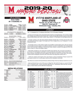 17/16 MARYLAND at 16-4, 7-2 B1G AP: 17/COACHES: 16 OHIO STATE Thursday, Jan