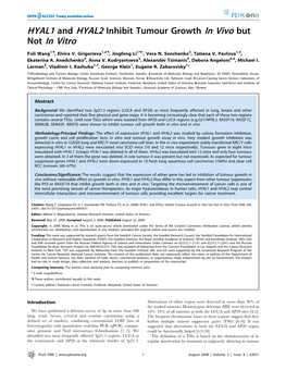 HYAL1 and HYAL2 Inhibit Tumour Growth in Vivo but Not in Vitro