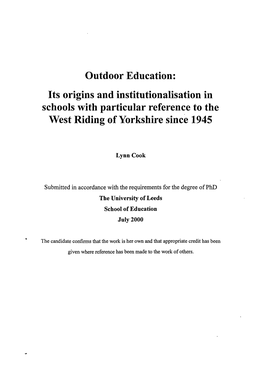 Outdoor Education: Its Origins and Institutionalisation in Schools with Particular Reference to the West Riding of Yorkshire Since 1945