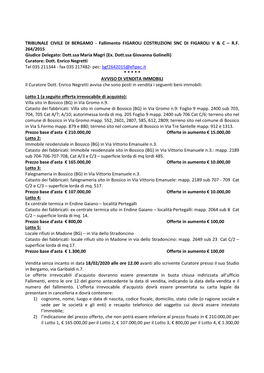 TRIBUNALE CIVILE DI BERGAMO - Fallimento FIGAROLI COSTRUZIONI SNC DI FIGAROLI V & C – R.F