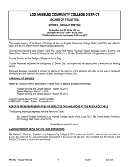 Los Angeles Community College District Board of Trustees Minutes – Regular Meeting