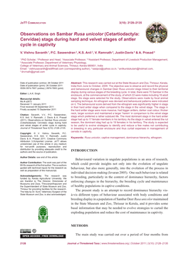 Observations on Sambar Rusa Unicolor (Cetartiodactyla: Cervidae) Stags During Hard and Velvet Stages of Antler Cycle in Captivity