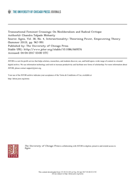 Transnational Feminist Crossings: on Neoliberalism and Radical Critique Author(S): Chandra Talpade Mohanty Source: Signs, Vol