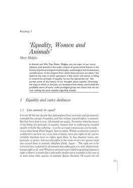 'Equality, Women and Animals'