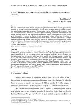 O Jornalista Rubem Braga: Animal Político, Correspondente De Guerra