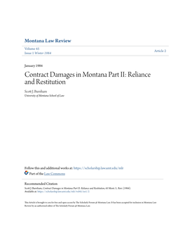 Contract Damages in Montana Part II: Reliance and Restitution Scott .J Burnham University of Montana School of Law