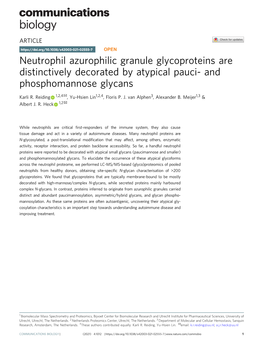 Neutrophil Azurophilic Granule Glycoproteins Are Distinctively Decorated by Atypical Pauci- and Phosphomannose Glycans ✉ Karli R