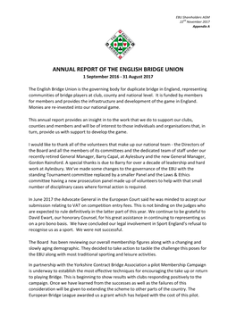 ANNUAL REPORT of the ENGLISH BRIDGE UNION 1 September 2016 - 31 August 2017