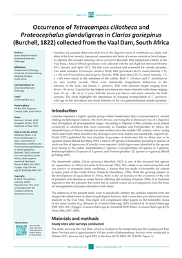 Occurrence of Tetracampos Ciliotheca and Proteocephalus Glanduligerus in Clarias Gariepinus (Burchell, 1822) Collected from the Vaal Dam, South Africa