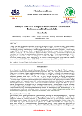 A Study on Larvivorous Fish Species Efficacy of Lower Manair Dam at Karimnagar, Andhra Pradesh, India