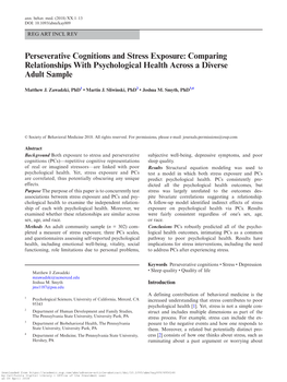 Perseverative Cognitions and Stress Exposure: Comparing Relationships with Psychological Health Across a Diverse Adult Sample