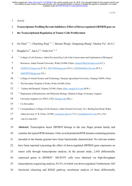 Transcriptome Profiling Reveals Inhibitory Effect of Down-Regulated ZBTB38 Gene On