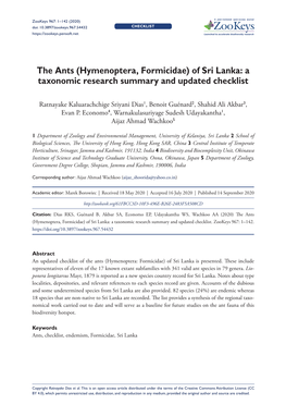 Of Sri Lanka: a Taxonomic Research Summary and Updated Checklist