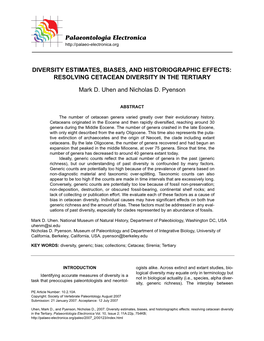 Palaeontologia Electronica DIVERSITY ESTIMATES, BIASES, and HISTORIOGRAPHIC EFFECTS: RESOLVING CETACEAN DIVERSITY in the TERTIAR