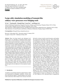 Large Eddy Simulation Modeling of Tsunami-Like Solitary Wave Processes Over Fringing Reefs