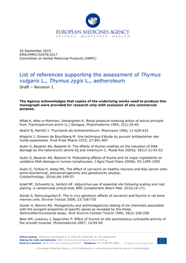 List of References Supporting the Assessment of Thymus Vulgaris L., Thymus Zygis L., Aetheroleum Draft – Revision 1