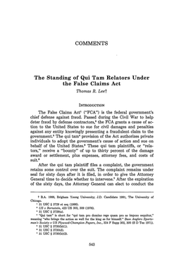 The Standing of Qui Tam Relators Under the False Claims Act Thomas R