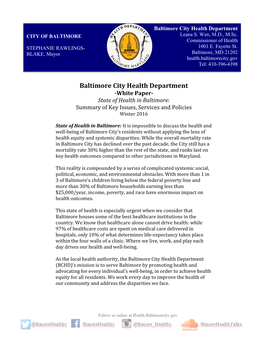 410-396-4398 Baltimore City Health Department -White Paper- State of Health in Baltimore: Summary of Key Issues, Services and Policies Winter 2016