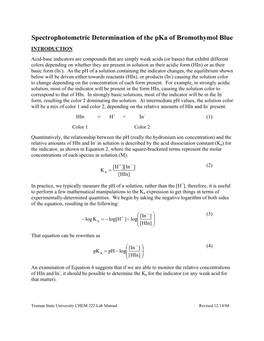 Spectrophotometric Determination of the Pka of Bromothymol Blue