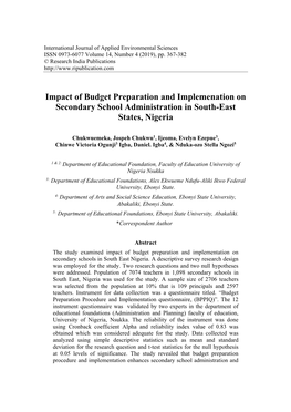 Impact of Budget Preparation and Implemenation on Secondary School Administration in South-East States, Nigeria