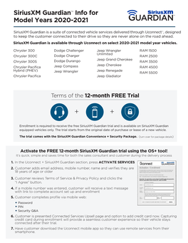 Siriusxm Guardian™ Info for Model Years 2020-2021