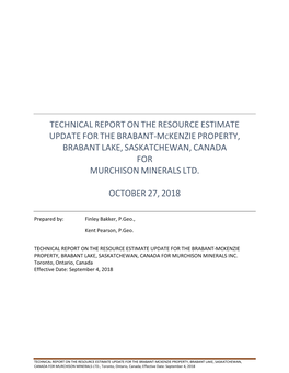 Technical Report on the Resource Estimate Update for the Brabant-Mckenzie Property, Brabant Lake, Saskatchewan, Canada for Murchison Minerals Ltd