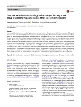 Comparative Leaf Micromorphology and Anatomy of the Dragon Tree Group of Dracaena (Asparagaceae) and Their Taxonomic Implications