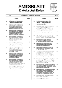 Inhalt Seite B. Bekanntmachungen Der Städte, Gemeinden Und Samtgemeinden