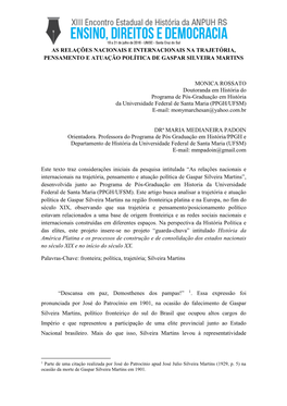 MONICA ROSSATO Doutoranda Em História Do Programa De Pós-Graduação Em História Da Universidade Federal De Santa Maria (PPGH/UFSM) E-Mail: Monymarchesan@Yahoo.Com.Br