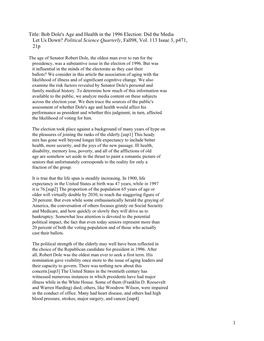 Bob Dole's Age and Health in the 1996 Election: Did the Media Let Us Down? Political Science Quarterly, Fall98, Vol