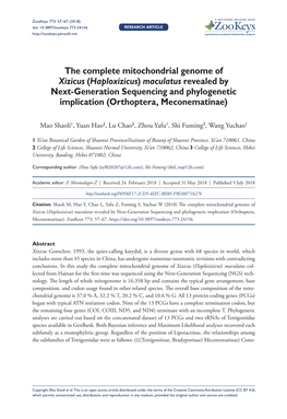 ﻿The Complete Mitochondrial Genome of Xizicus (Haploxizicus) Maculatus