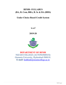 DEPARTMENT of HINDI NIZAM COLLEGE (AUTONOMOUS) Osmania University, Hyderabad-5000 01